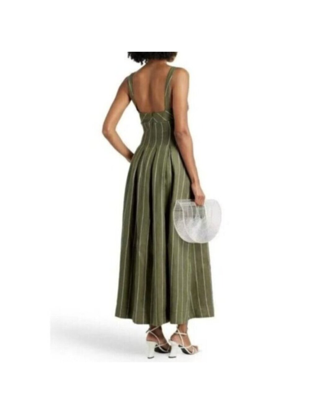 NWT NICHOLAS Selene Seamed Cami Linen Olive & White Striped Maxi Dress - Picture 3 of 17